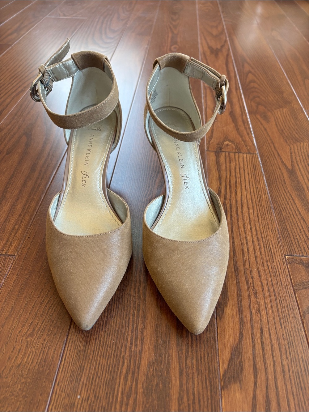 Anne Klein Tan Pointed-Toe Ankle-Strap Pumps